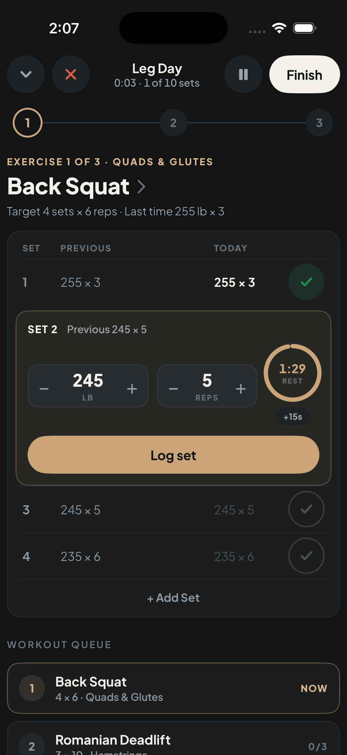 45 lb Active Workout screen — logging a Back Squat set on Leg Day